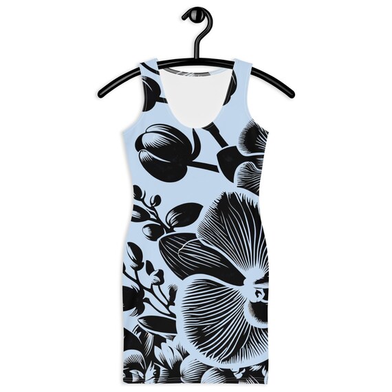 black and white floral bodycon dress Exploded Florals Print Halter Fit-And-Flare Midi Dress - Black/White main image 0
