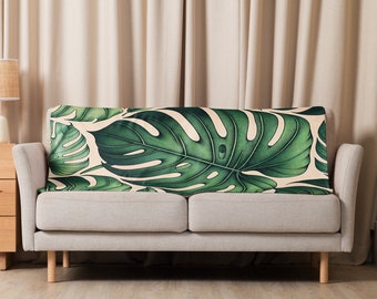 Monstera Leaf Sherpa Blanket: Tropical Botanical Fleece Throw