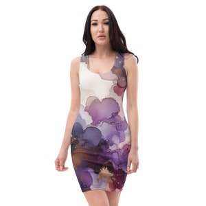 Watercolor Violets Bodycon Dress – Abstract Purple Wash Design, Artistic Fitted Dress, Elegant Summer Outfit, Gift for Her