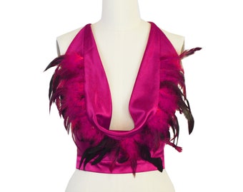 Monica Feather Fringe Backless Cowl Apron Halter Top