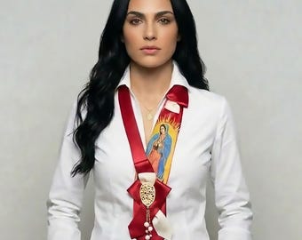 Vintage Upcycled Handmade 1900s Pendant and Embroidered Virgin Mary Origami Silk NeckTie Necklace ONE OF A KIND