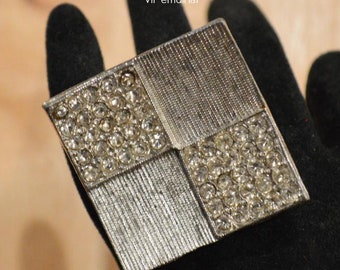 Upcycled 1960s Mid Century Modern Rhinestone Squares Ring on Sterling Silver Base