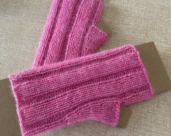 Knit Fingerless Mittens, handknit fingerless mitts  - pink cashmere