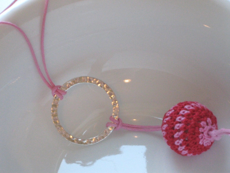 Crochet Pink and Silver Necklace Life is a Bowl of Cherries image 4