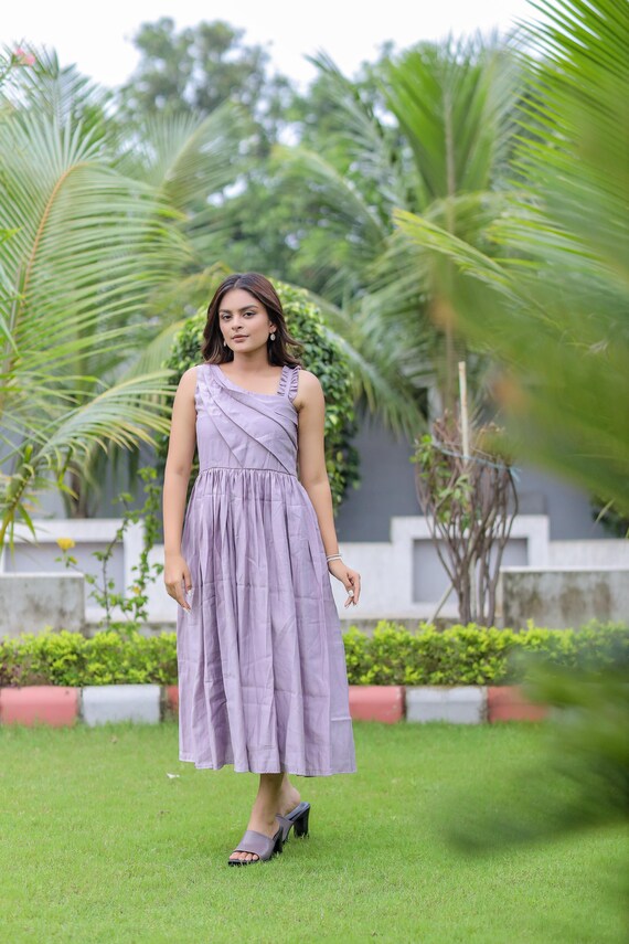 Lavender Cotton Midi Dress for Women, Sleeveless A-line Summer Casual Dress