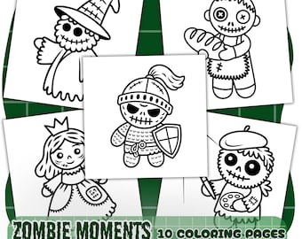 Zombie Moments Coloring Pages, Cute and Spooky Zombie Characters, Fun and Easy Halloween Designs, 10 Pages, PDF, PNG, JPG | Digital Download