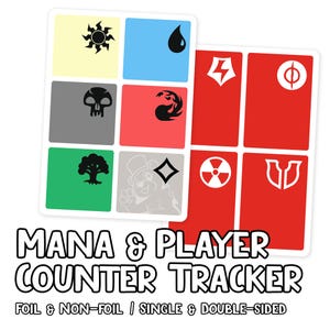 May include: Mana and Player Counter Tracker cards with various symbols and colours. The cards feature symbols like a sun, water drop, skull, flame, tree, and a bear. The text "MANA & PLAYER COUNTER TRACKER" is displayed below the cards.
