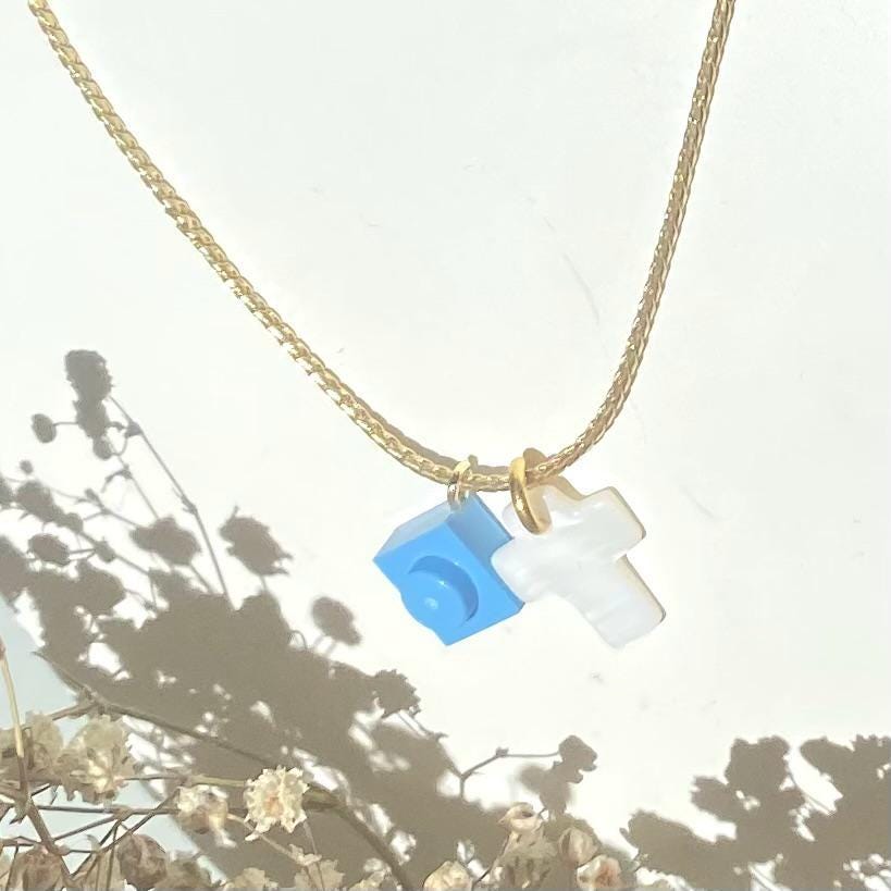 Religious necklace - pearly cross pendant and Lego brick - Baptism gift - First Communion gift - Profession of faith gift