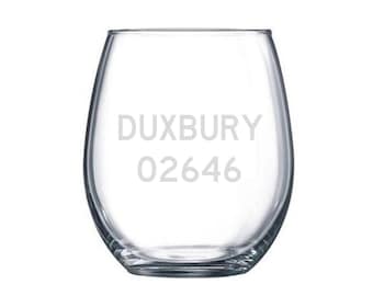 Custom Zip Code Wine Glass, Custom Etched Stemless Wine Glass