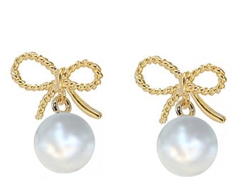 Gold Bow Post Earrings with Pearl, Ribbon Earrings, Pearl Drop Earrings