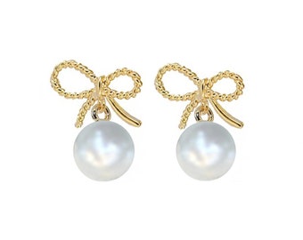 Gold Bow Post Earrings with Pearl, Ribbon Earrings, Pearl Drop Earrings
