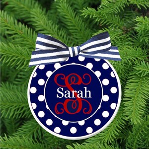Personalized Preppy Navy Polka Dots Christmas Ornament