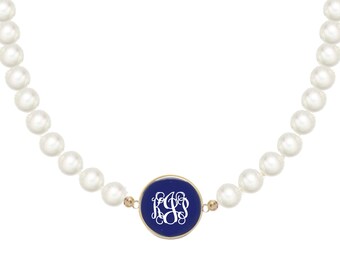 Pearl Monogram Necklace, Glass Pearls, Gold or Silver, Navy Charm