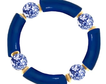 Acrylic Tube Bracelet with Chinoiserie Beads - Navy