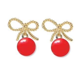 Gold Bow Post Earrings with Red Bead Dangle