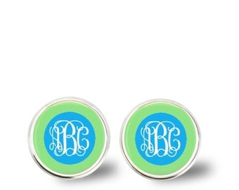 Blue Green Monogrammed Earrings, Silver Gold Dangles Studs