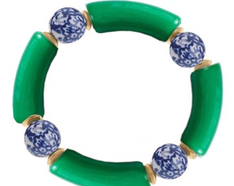 Acrylic Tube Bracelet with Chinoiserie Beads - Green