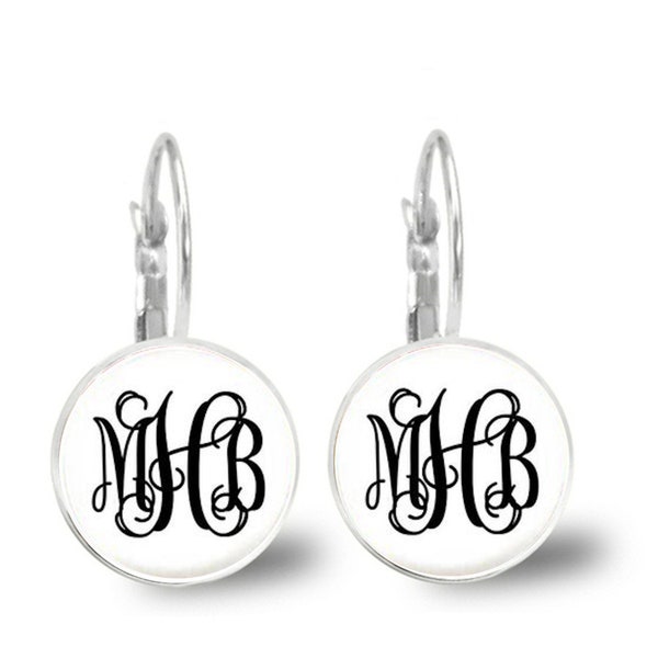 Black and White Monogram Earrings, Silver Gold Dangle Stud