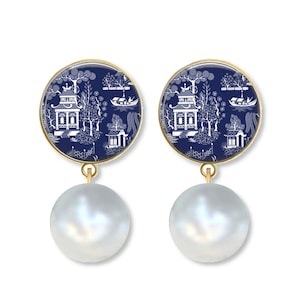 Navy Chinoiserie Earrings, Many Styles, Silver or Gold