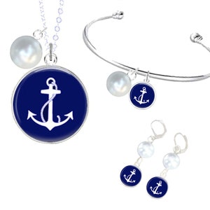 Anchor Jewelry, Nautical Jewelry, Necklace Bracelet Earrings, Navy Blue