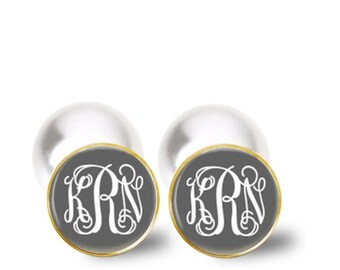 Gray Monogram Earrings, Monogram Peek A Boo Pearl Earrings, Silver Gold Dangles Studs