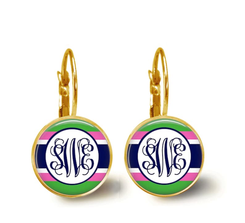 Preppy Stripe Monogram Earrings Silver Gold Dangles Studs Etsy