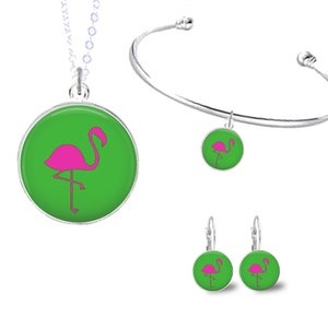 Preppy Flamingo Necklace, Flamingo Bracelet, Flamingo Earrings, Preppy Jewelry Set, Preppy Gift, Navy, Green, Pink, Aqua, Tropical