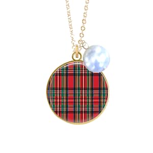 Red Tartan Plaid Necklace, Christmas Necklace, Plaid and Pearl