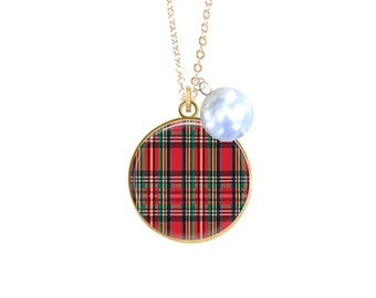 Red Tartan Plaid Necklace, Christmas Necklace, Plaid and Pearl