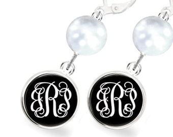 Black and White Monogram Earrings, Silver Gold Dangles Studs