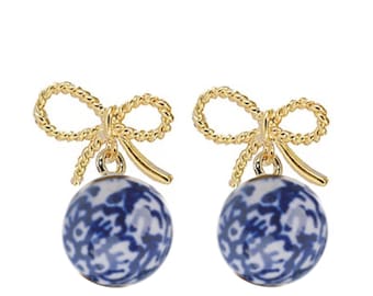 Gold Bow Earrings with Chinoiserie Bead