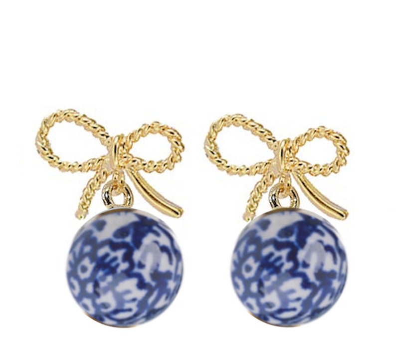 Gold Bow Earrings with Chinoiserie Bead image 1