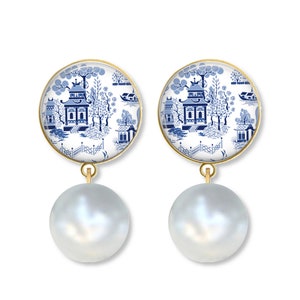 Blue and White Chinoiserie Earrings, Silver or Gold