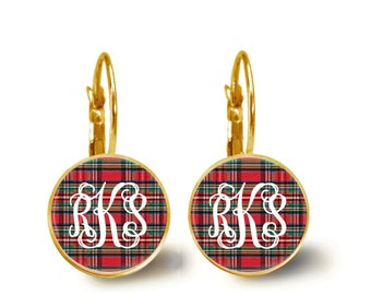 Red Plaid Monogram Earrings, Silver Gold Dangle Stud