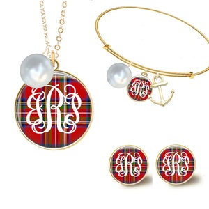 Monogram Necklace, Christmas Jewelry, Monogram Disc Necklace, Red Tartan Plaid Jewelry, Plaid Necklace, Plaid Bracelet, Plaid Earrings