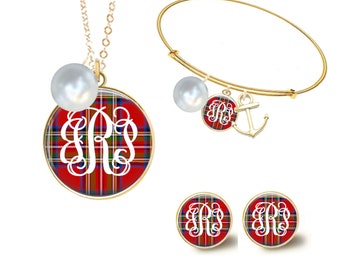 Monogram Necklace, Christmas Jewelry, Monogram Disc Necklace, Red Tartan Plaid Jewelry, Plaid Necklace, Plaid Bracelet, Plaid Earrings