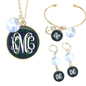 Monogram Necklace, Black Watch Plaid Jewelry, Monogram Necklace, Plaid Jewelry, Plaid Necklace, Plaid Bracelet, Plaid Earrings