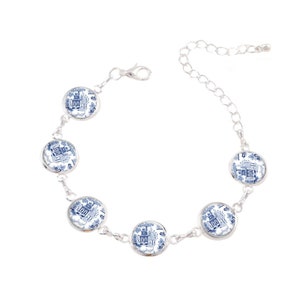 Blue and White Chinoiserie Bracelet, Preppy Charm Bracelet, Silver or Gold