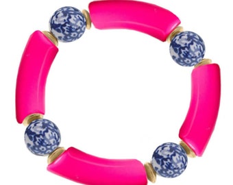 Acrylic Tube Bracelet with Chinoiserie Beads - Hot Pink