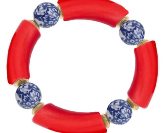 Acrylic Tube Bracelet with Chinoiserie Beads - Red