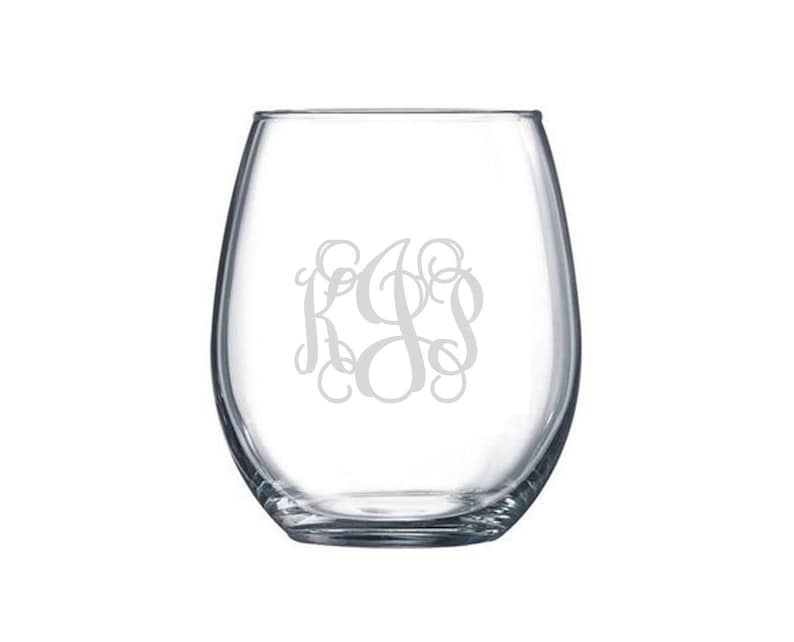 Monogram Etched Wine Glass Custom Etched Stemless Wine Glass Personalized Gift
