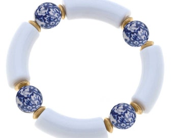 Acrylic Tube Bracelet with Chinoiserie Beads - White