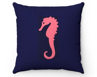 Sea Horse 18"x18" Pillow, Nautical Pillow, Coral Navy