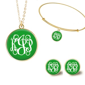 Monogram Necklace, Kelly Green Monogram Jewelry, Monogram Bracelet, Monogram Earrings, Preppy Jewelry Set, Many Styles