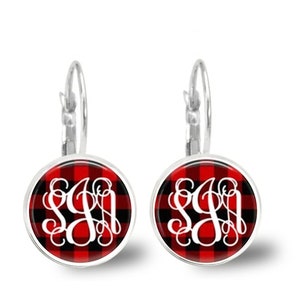 Buffalo Check Plaid Monogram Earrings, Silver Gold Dangles Studs