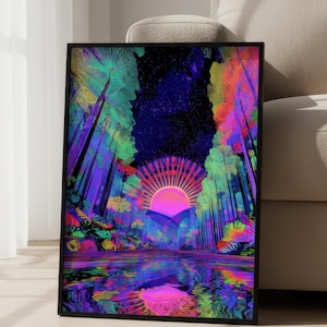 Psychedelic Forest Wall Art Print: Neon Sunset River & Cosmic Dreamscape (UNFRAMED or DIGITAL)