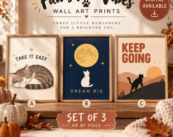 Inspirational Cat Wall Art Set of 3, Motivational Feline Prints, Cozy Autumn Decor