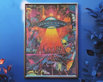 Neon UFO Poster: Retro Sci-Fi Alien Wall Art (UNFRAMED or DIGITAL)