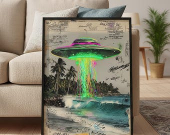 UFO Beach Beam Art Print: Neon Alien Invasion Poster (UNFRAMED or DIGITAL)