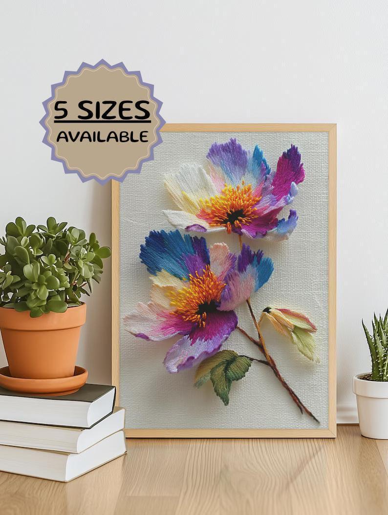 Embroidery Style Flower Art Print: Botanical Wall Decor, Various Sizes